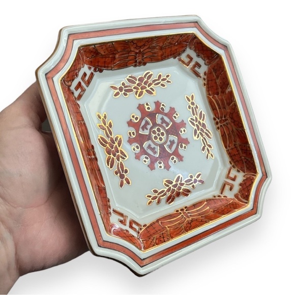 Vintage 1970s Andrea by Sadek Square Orange Floral Plate Gold Detailing 9727 - Picture 1 of 6
